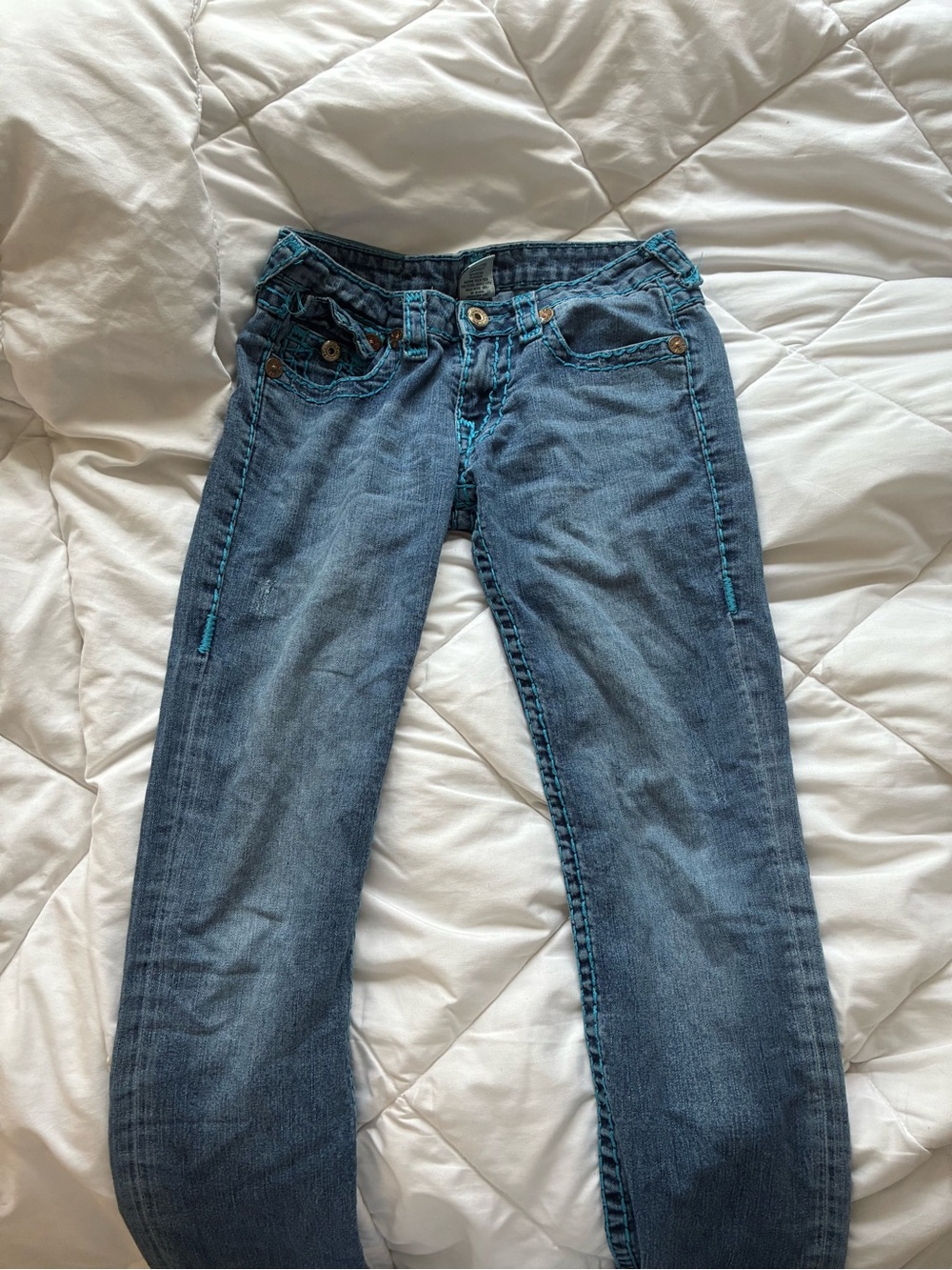 True religion boot cut Jeans in Denim Blue with Teal Stitching